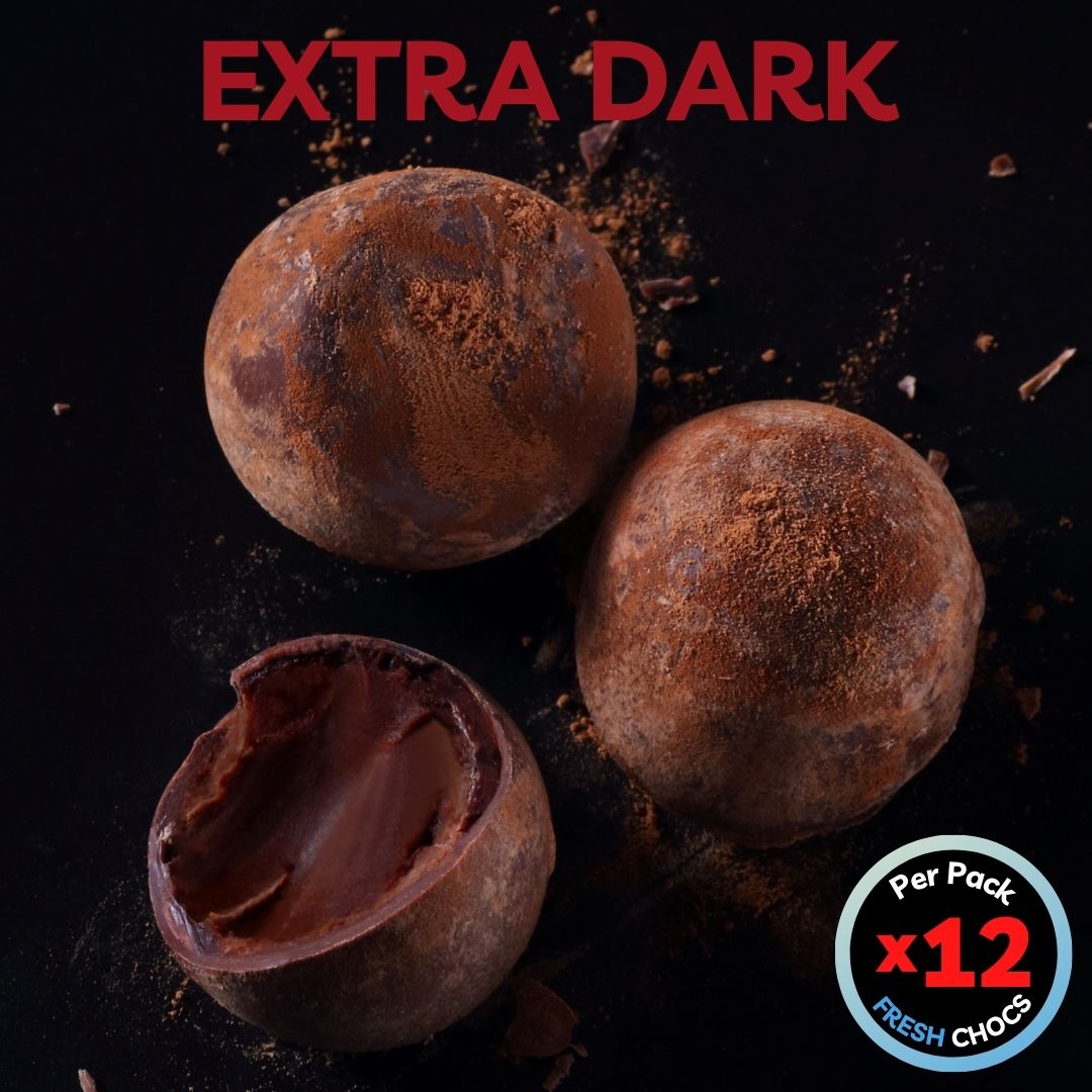 Three dark chocolate truffles with a cracked